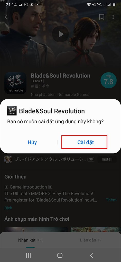 Cài đặt Blade&amp;Soul Revolution. B&acirc;́m Cài đặt và chờ ti&ecirc;́n trình cài đặt hoàn t&acirc;́t.