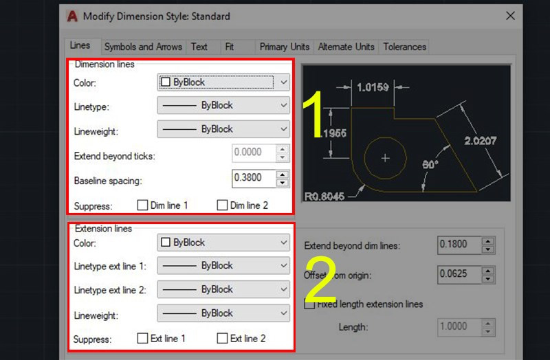 Cài đặt tab Lines trong Dimension Style Manager