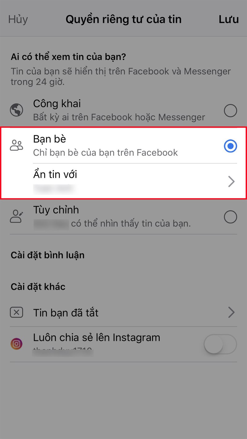 Chặn người xem Story