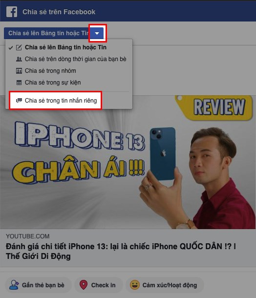 Chia sẻ trong tin nhắn riêng trên Facebook