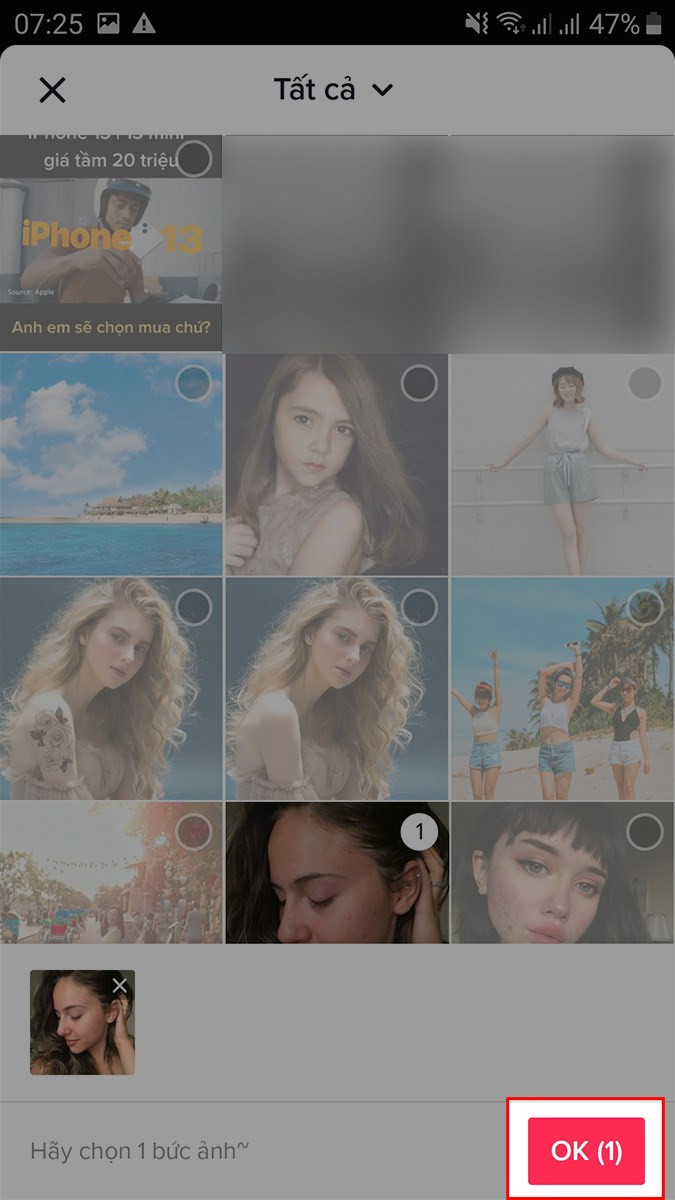 Chọn ảnh mà bạn muốn làm video TikTok bằng 1 hình ảnh > Chọn OK