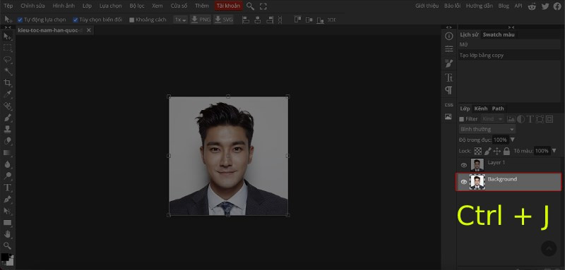 Chọn Background và bấm tổ hợp phím Ctrl + J để tạo một layer mới