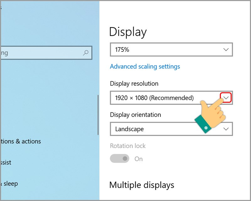 Chọn biểu tượng mũi t&ecirc;n ở Display Resolution