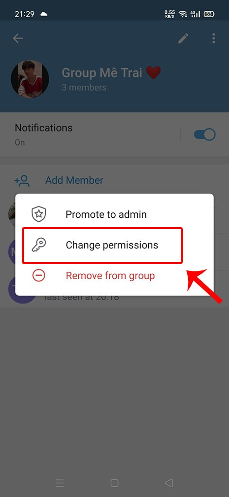 Chọn Change permissions để thiết lập quyền dành cho thành viên.