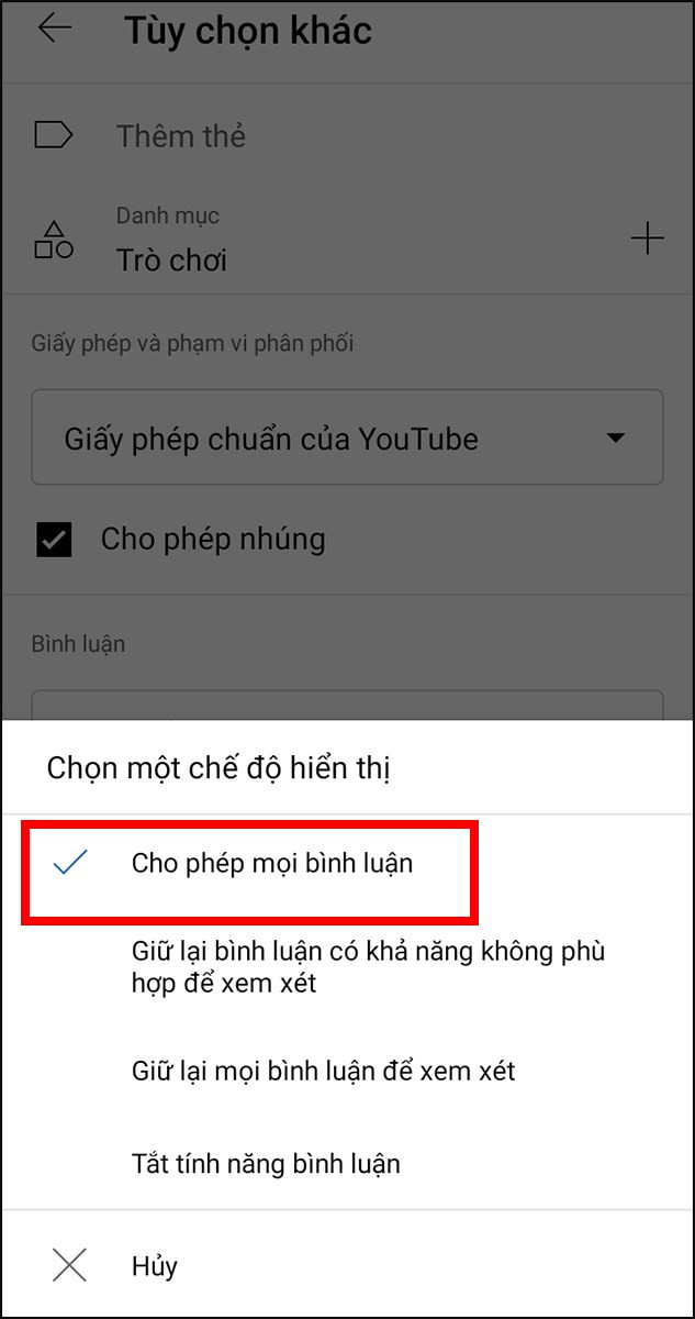 Chọn Cho phép tất cả bình luận