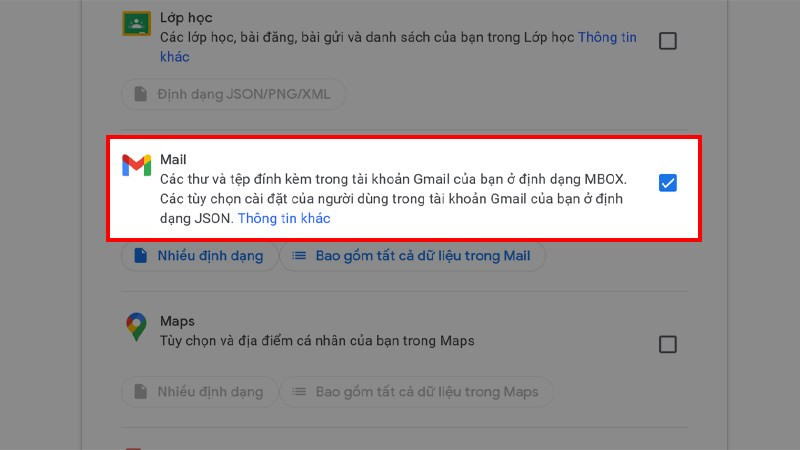 Chọn dữ liệu Gmail