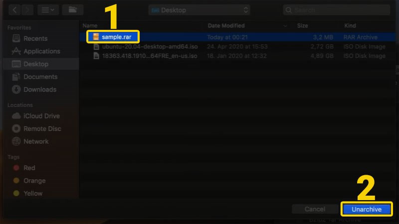 Chọn file RAR và nhấn Unarchive