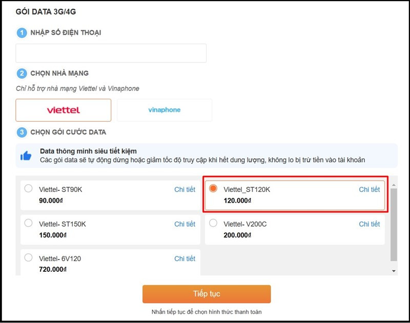 Chọn gói cưới ST120K và chọn “Tiếp tục”.