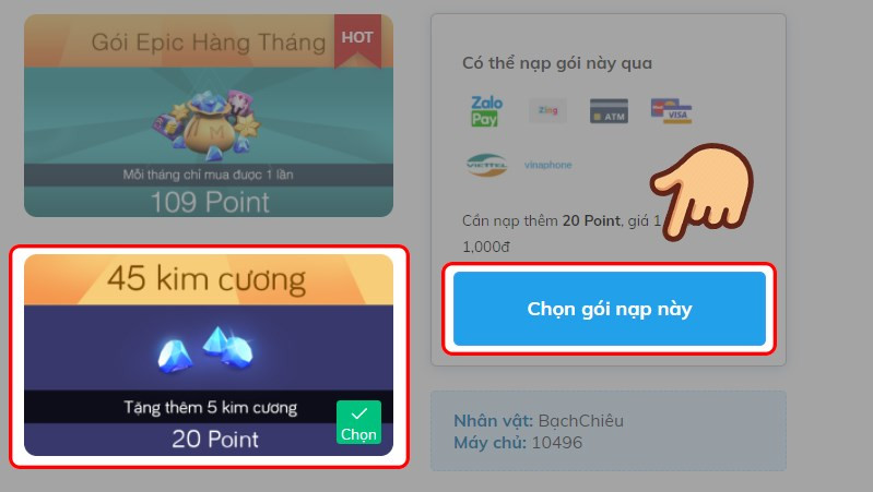 Chọn gói nạp POINT