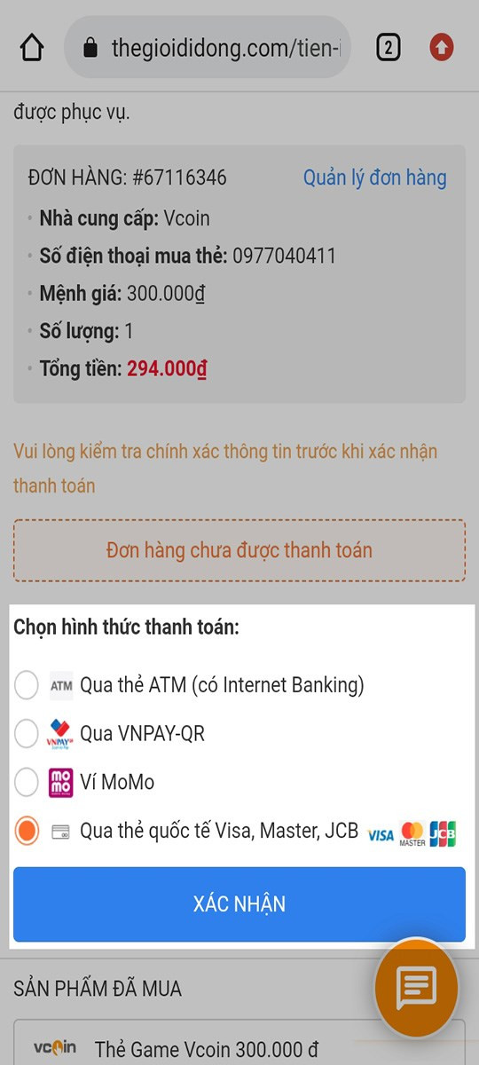 Chọn hình thức mà bạn muốn thanh toán