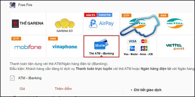 Chọn hình thức thanh toán ATM - iBanking