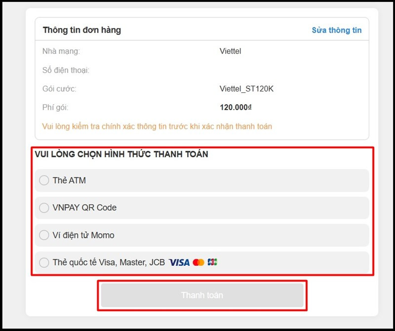 Chọn hình thức thanh toán và thanh toán