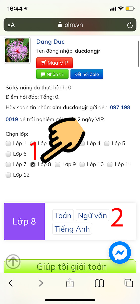 Chọn khối lớp và môn học OLM.VN