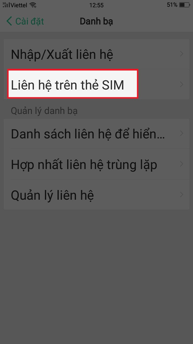 chọn Liên hệ trên thẻ SIM