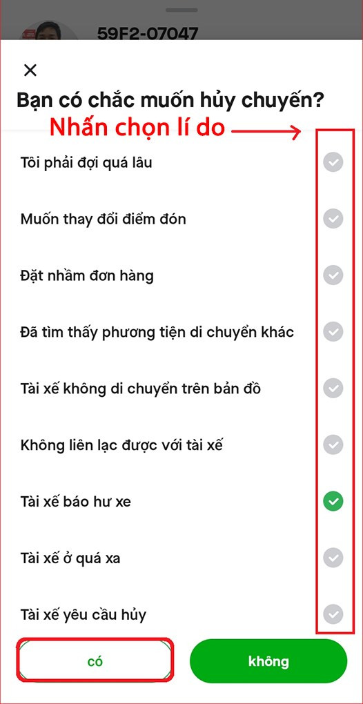 Chọn lý do hủy chuyến Gojek