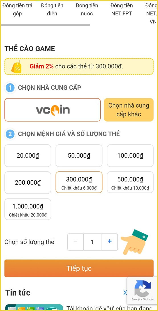 Chọn mệnh giá thẻ