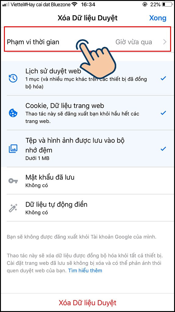 Chọn mốc thời gian đã sử dụng web