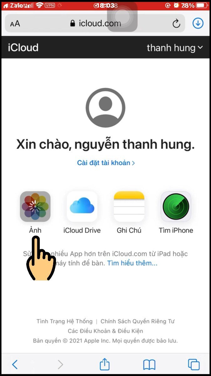 Chọn mục Ảnh trên iCloud