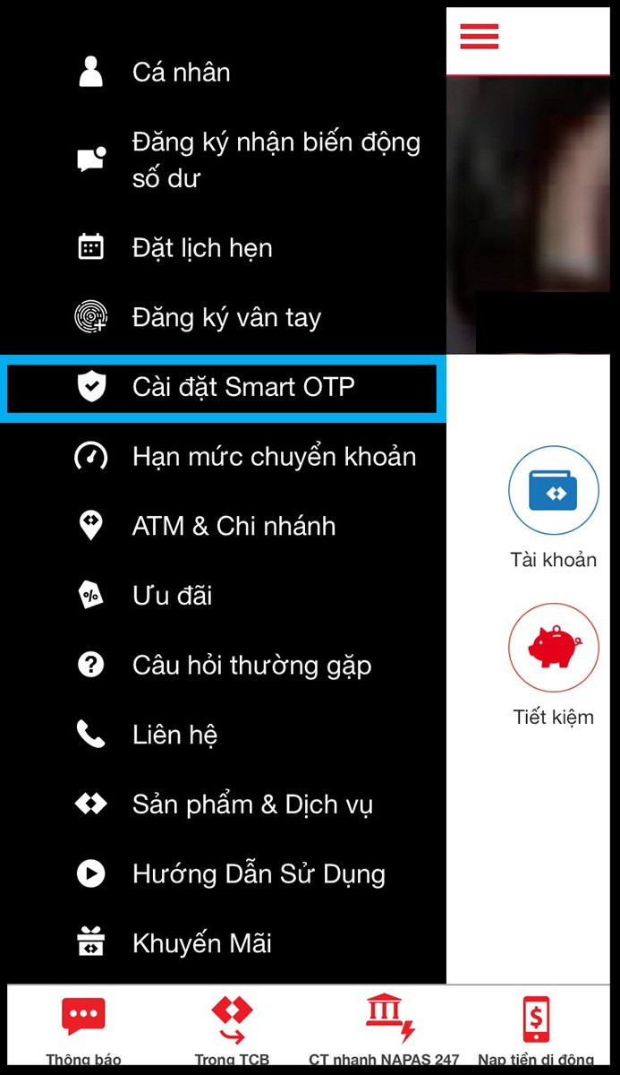 Chọn mục Cài đặt Smart OTP