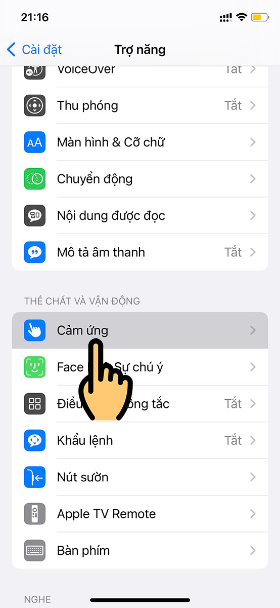 Chọn mục Cảm ứng