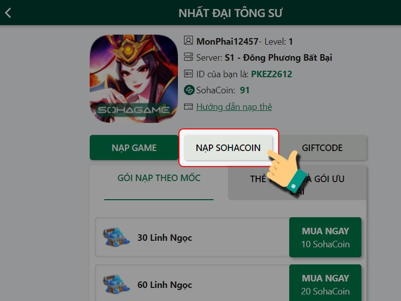 Chọn nạp SohaCoin