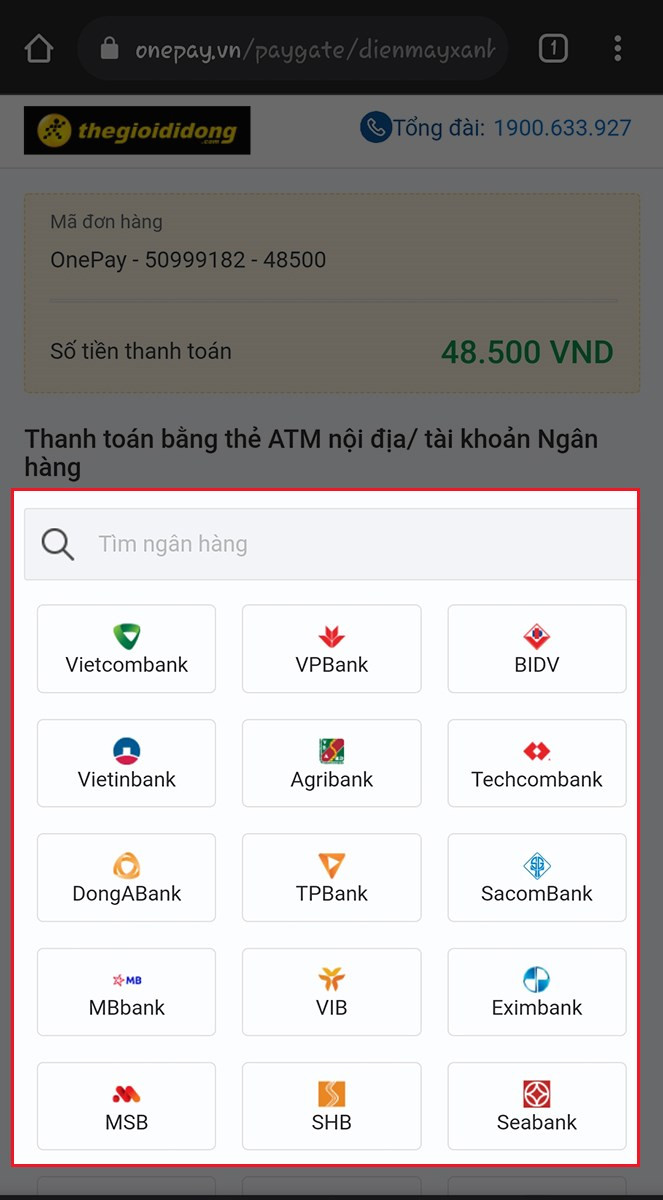 Chọn Ng&acirc;n h&agrave;ng m&agrave; bạn muốn thanh to&aacute;n