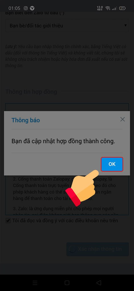 Chọn OK trong bảng thông báo cập nhập hợp đồng thành công.