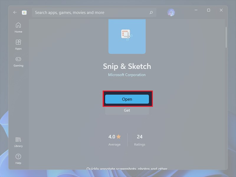 Chọn Open để mở Snipping Tool
