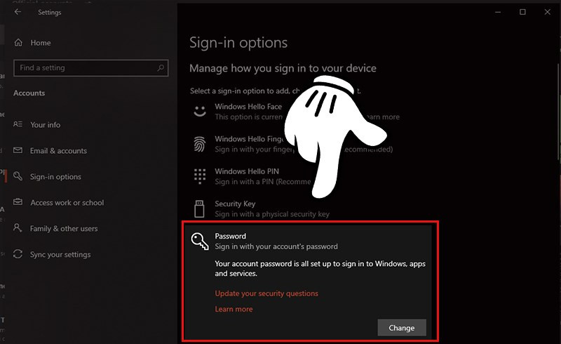 Chọn Password, chọn Change