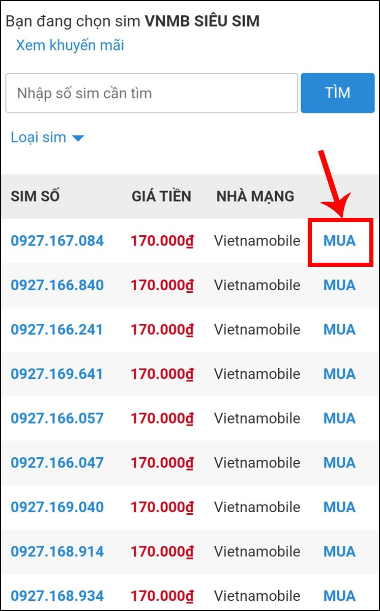 Chọn số sim Vietnamobile