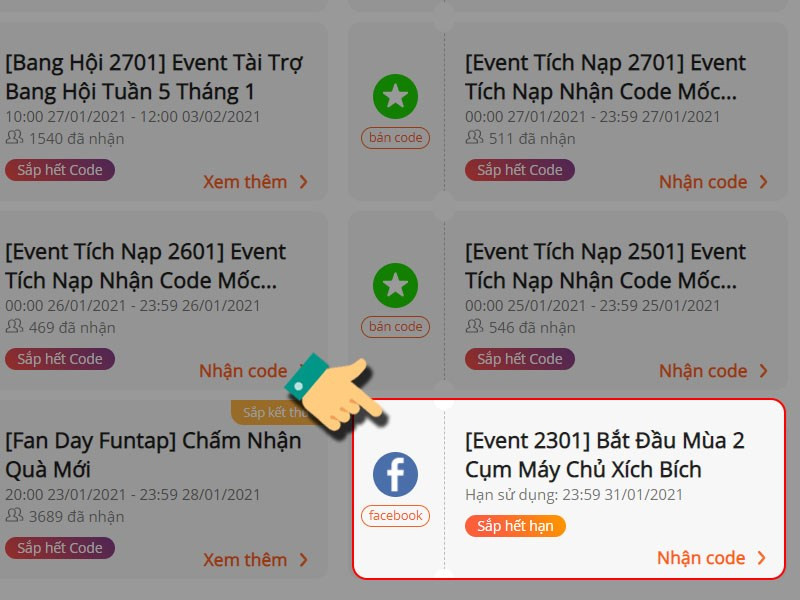 Chọn sự kiện muốn nhận Code