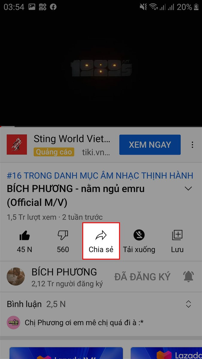 Chọn video và nút Chia Sẻ trên YouTube