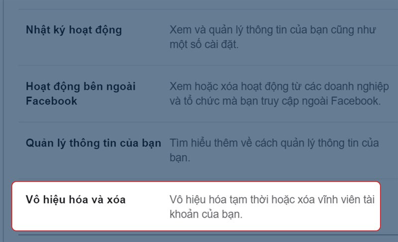 Chọn vô hiệu hóa và xóa tài khoản