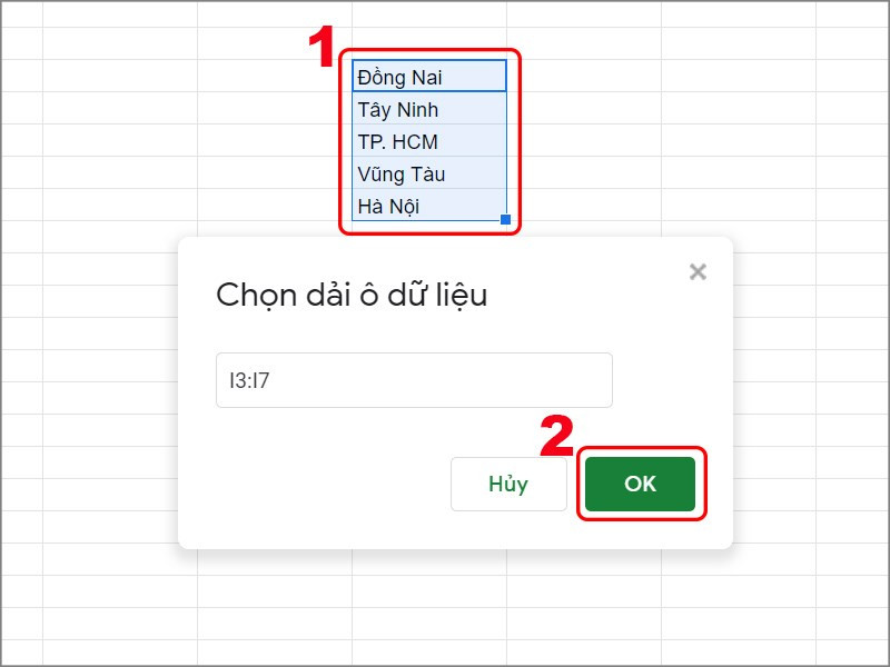 Chọn vùng dữ liệu cho danh sách thả xuống