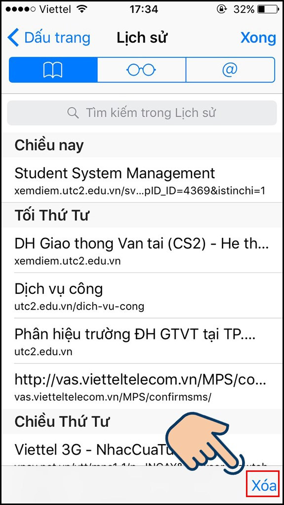 Chọn Xóa để xóa lịch sử duyệt web