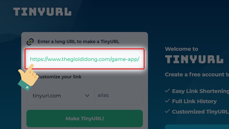 Dán đường link bạn muốn chuyển đổi vào ô Enter a long URL to make a TinyURL