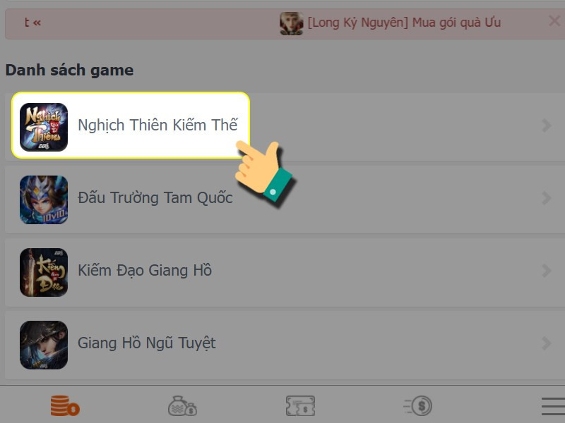 Đăng nhập Scoin và chọn game Nghịch Thiên Kiếm Thế