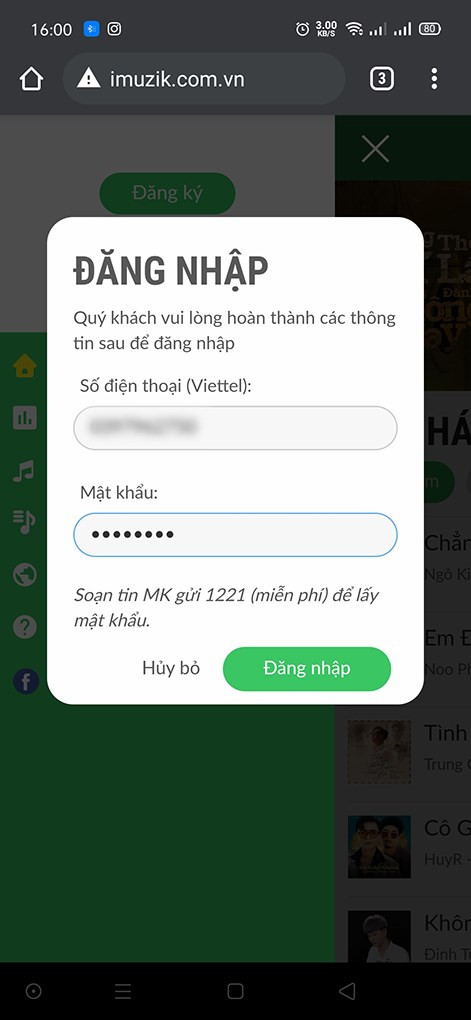 Đăng nhập vào website imuzik