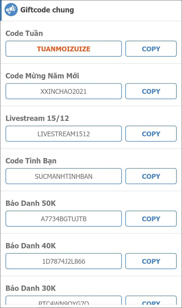 Danh sách mã giftcode