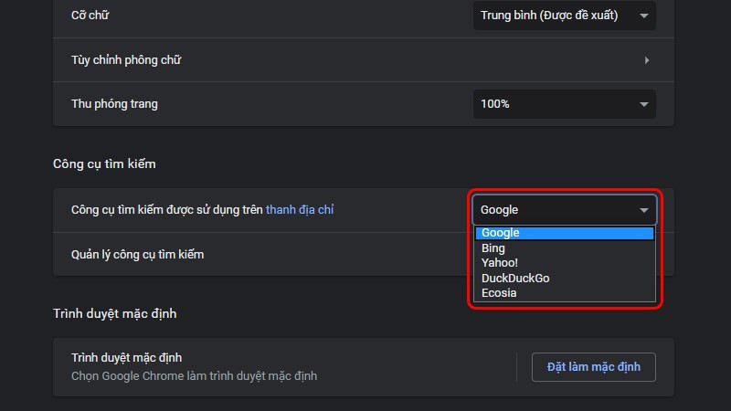 Đặt Công cụ tìm kiếm trên thanh địa chỉ là Google, Bing, Yahoo…