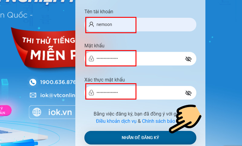 Đặt tên tài khoản, đặt mật khẩu