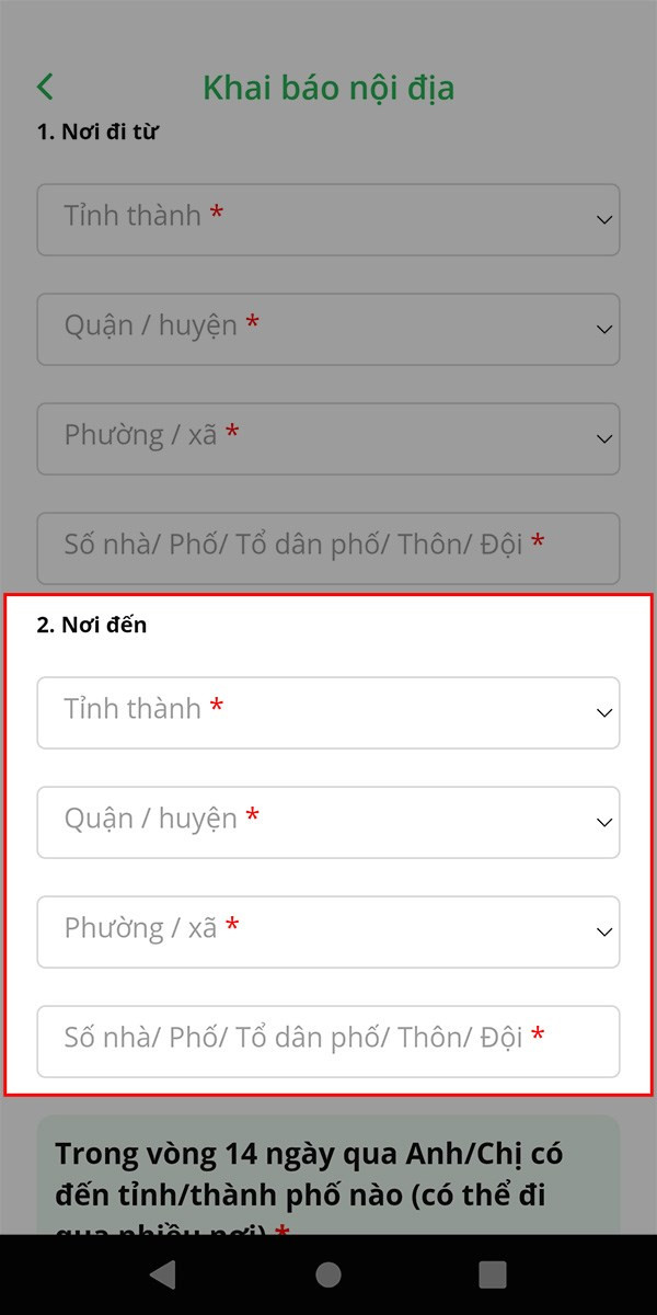 Điền các thông tin tại mục Nơi đến