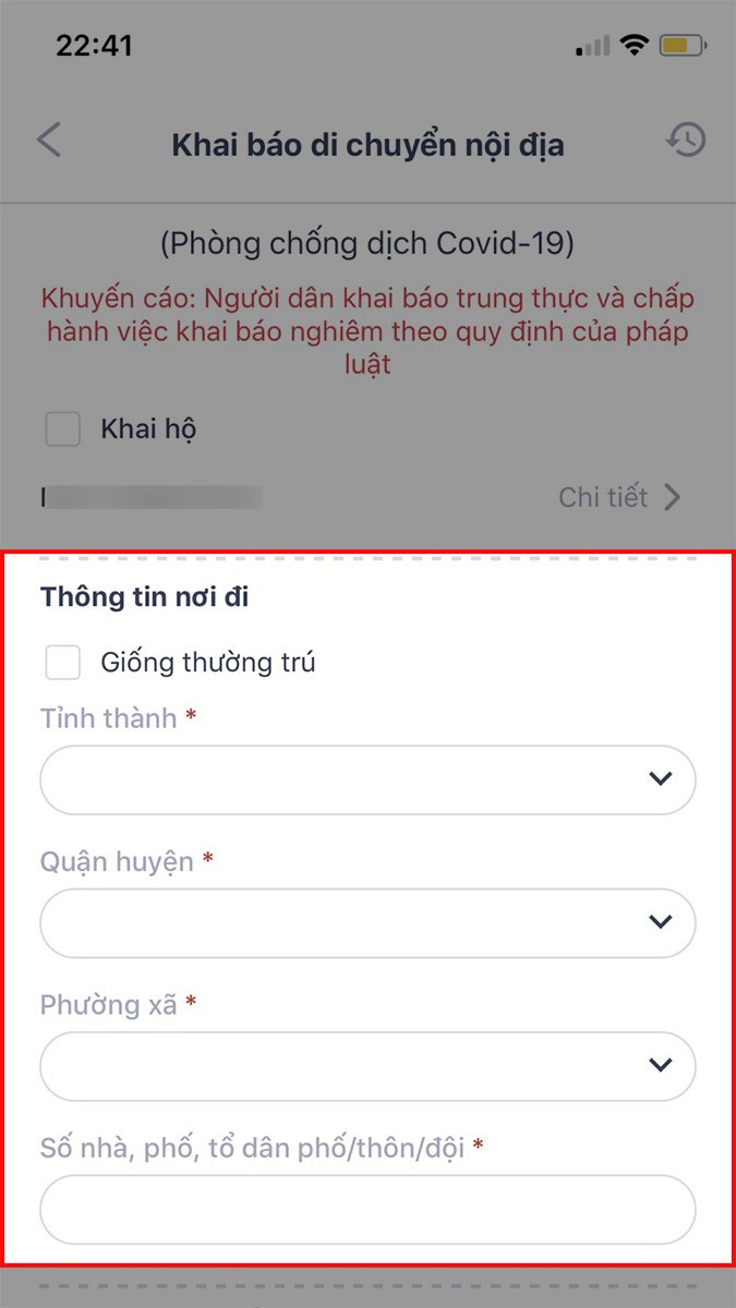 Điền các thông tin tại mục Thông tin nơi đi