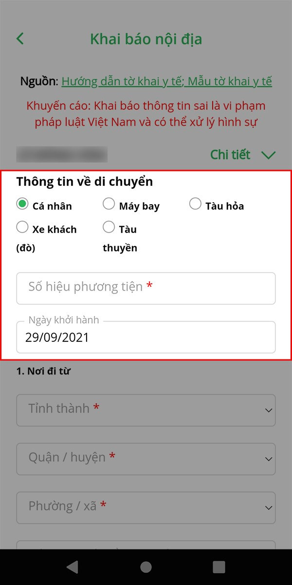 Điền các thông tin tại mục Thông tin về di chuyển