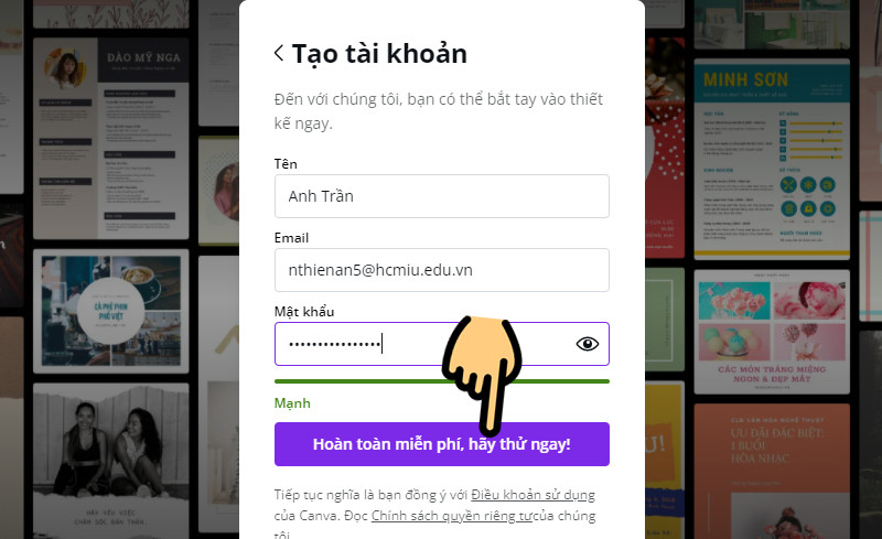 Điền tên, nhập email có đuôi edu, đặt mật khẩu