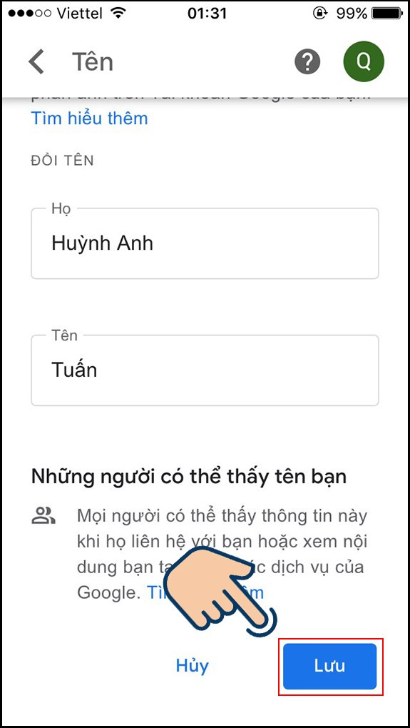 Đổi tên Gmail trên điện thoại