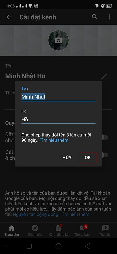 Đổi tên kênh YouTube trên điện thoại