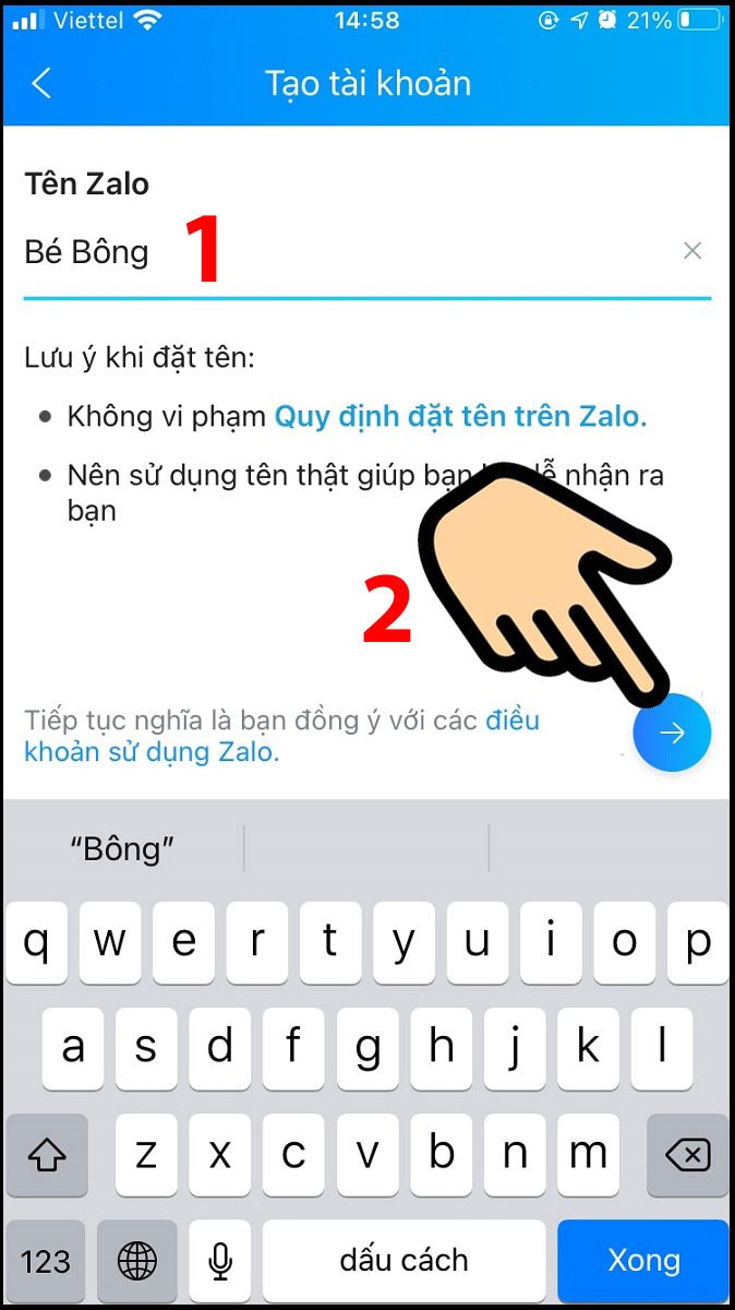 G&otilde; t&ecirc;n Zalo v&agrave; ấn mũi t&ecirc;n sang ngang để tiếp tục