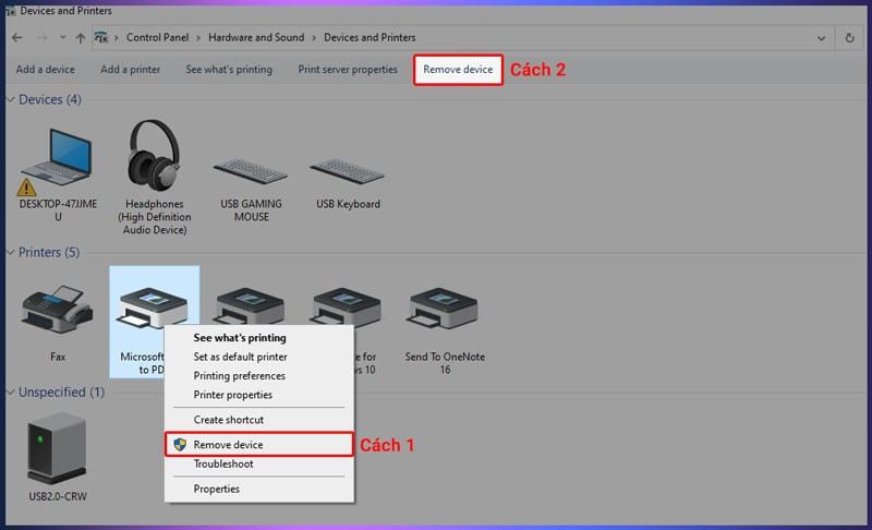 Gỡ bỏ máy in qua Control Panel