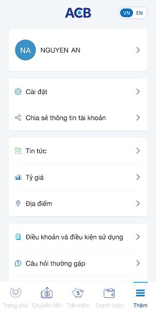 Hình ảnh minh họa giao diện ứng dụng ACB.